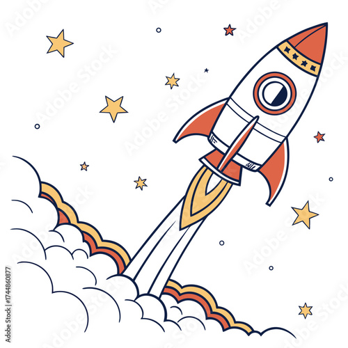 Retro style cartoon rocket ship blasting off into starry space with colorful clouds and smoke