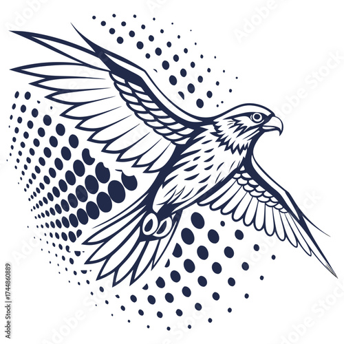 Stylized dark blue falcon in flight with abstract halftone dot pattern background isolated on white
