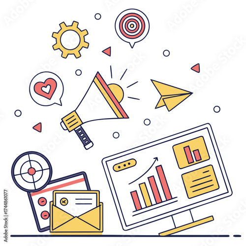 Digital marketing strategy elements including a megaphone computer analytics email target and social media engagement icons