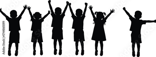 Silhouette of happy children jumping together with raised hands, group of kids celebrating joy, childhood friendship and fun, vector illustration design