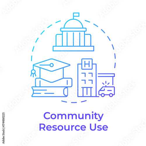 Community resource use blue gradient concept icon. Visiting public facilities. Services for citizens. Life skill. Round shape line illustration. Abstract idea. Graphic design. Easy to use in article