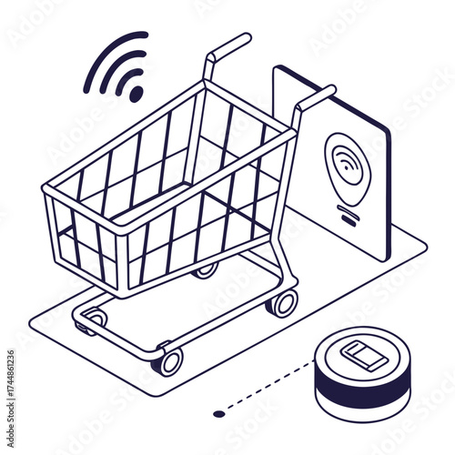 Isometric illustration of a shopping cart connected to a digital device via wireless technology and a payment terminal