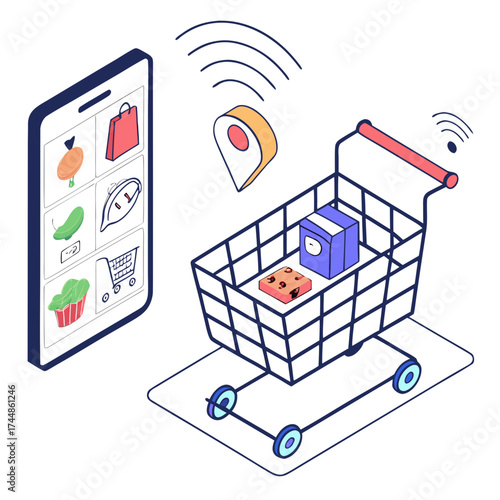 Online grocery shopping concept with a smartphone displaying food items and a shopping cart with products and location pin