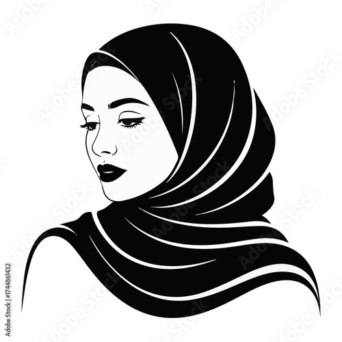Portrait of a beautiful young woman with hijab black vector art illustration of her face, eyes, and lips