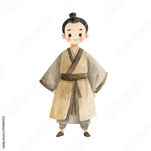 Cute watercolor illustration of a young boy in ancient Chinese costume.