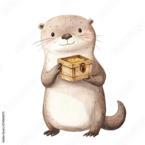 Cute watercolor otter holding a small wooden treasure chest.