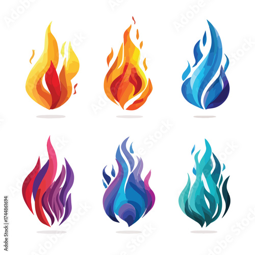 Vibrant flame illustration set isolated on white background