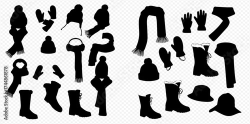 A collection of black silhouettes of various winter clothing items, including hats, scarves, gloves, and boots.