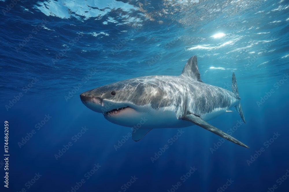 Fototapeta premium Realistic rendering of a great white shark swimming gracefully in the deep blue ocean, showcasing its powerful fins and sharp teeth under sunlight