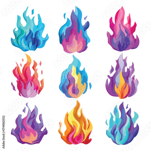 Set of fiery flames isolated on white background
