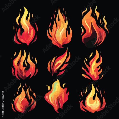 Set of diverse flame illustrations on white background