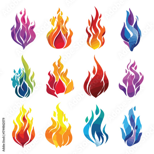Set of fiery flames isolated on white background