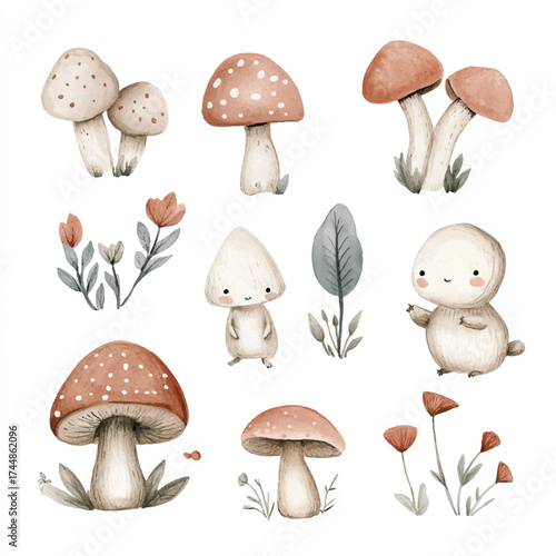 Cute woodland creatures and mushrooms illustration.