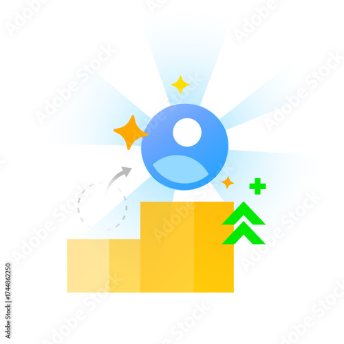 illustration of a user profile icon climbing. account level up, progress, achievement, or upgrade in mobile app or web interface. for UI design, gamification, dashboard, achievement notifications