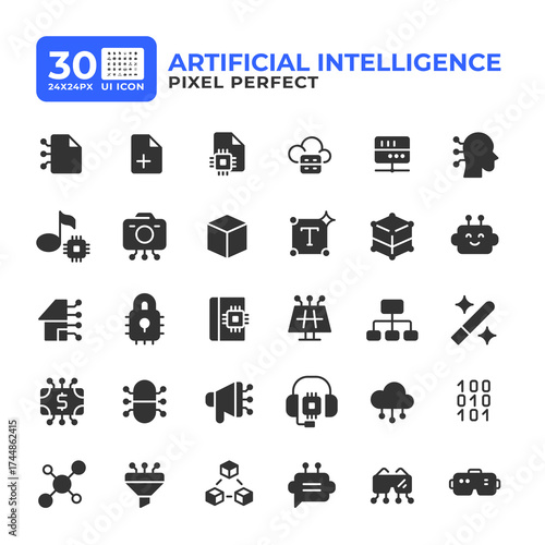Artificial intelligence glyph ui icons set. Cybersecurity, privacy. Data processing, analytics. Black solid symbols vector iconset. User interface flat elements collection, pixel perfect