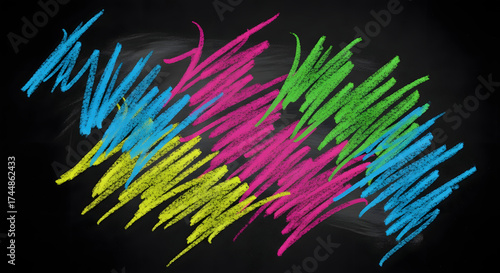 Vibrant Chalk Scribbles on Black Background - Abstract Art, Colorful Strokes, Creative Design