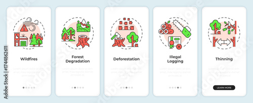 Forestry problems onboarding mobile app screen. Illegal logging. Walkthrough 5 steps editable graphic instructions with linear concepts. UI, UX, GUI. Montserrat SemiBold, Regular fonts used