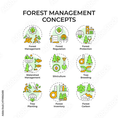 Forest management multi color concept icons. Tree breeding, planting. Ecosystem health, emissions. Icon pack. Vector images. Round shape illustrations for brochure, booklet. Abstract idea