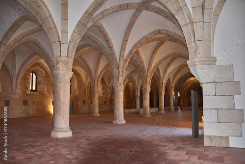 Gothic novice dormitory at Alcobaca Monastery with stone columns and a high vault in a historic Portuguese setting