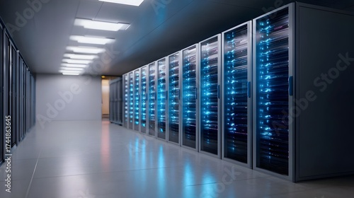 Rows of illuminated server racks in a modern data center corridor with blue LED lights