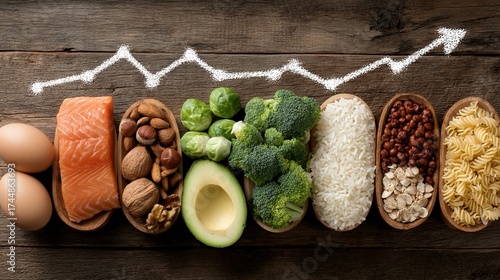 Healthy eating concept with fresh foods showing an upward trend line, perfect for nutrition guides, diet plans, and healthy lifestyle campaigns