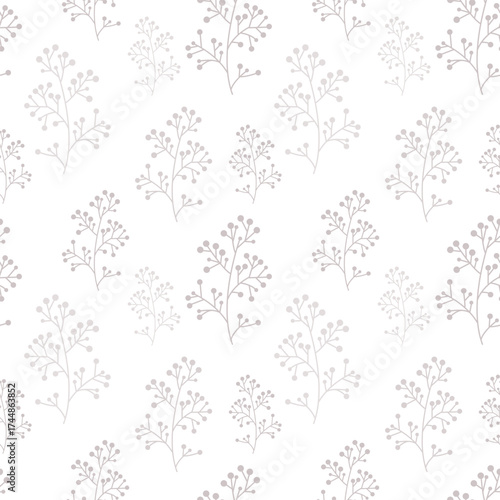 Vector pattern with branches and berries. Grey. For textile wrapping paper