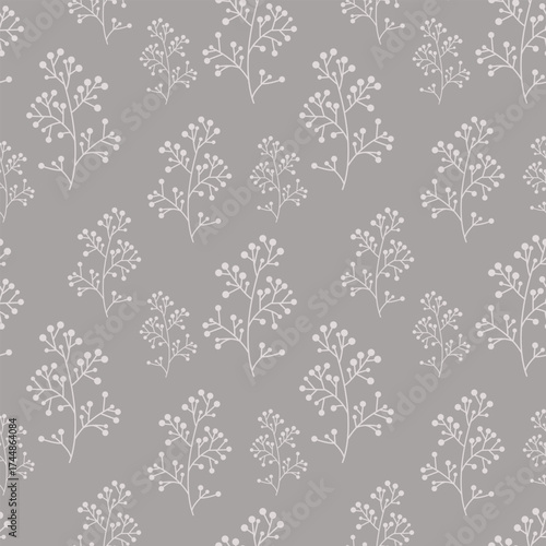 Vector pattern with branches and berries. Grey. For textile wrapping paper