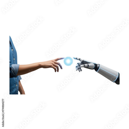 Human and Robot Hands Interacting with Digital Sphere on Black. AI Partnership and Future Technology Connection.