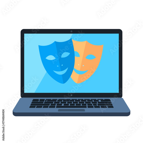 A laptop screen displays two theatrical masks, one blue and one orange, against a light blue background.