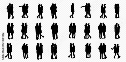 A collection of black silhouettes of couples in various poses, including standing, walking, and embracing, on a transparent background.