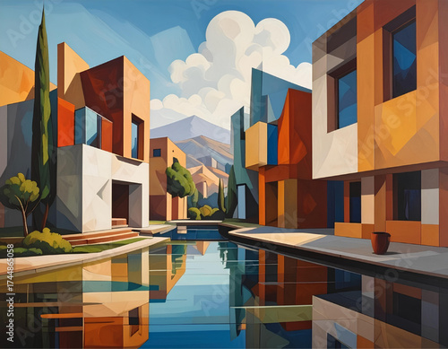 Modern geometric architecture reflected in a tranquil canal under a clear sky with distant mountains.