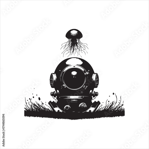 Vintage Diving Helmet with Jellyfish and Seaweed Silhouette Illustration.