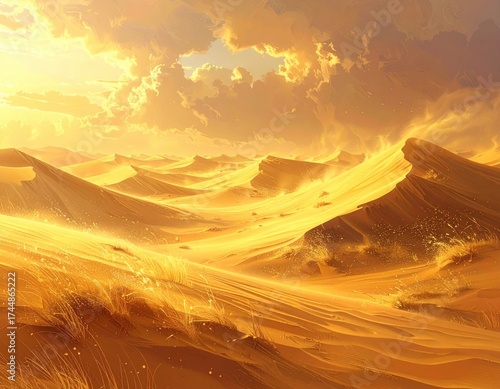 Wallpaper Mural Golden sunlight bathes a vast desert landscape, illuminating rolling sand dunes beneath a cloudy sky,  Torontodigital.ca