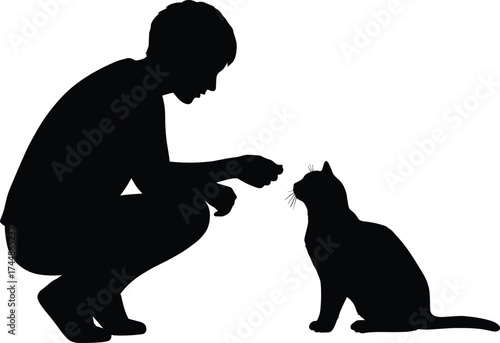 Silhouette of person feeding cat, human and pet interaction, friendship moment, animal care concept, love between owner and feline companion vector illustration