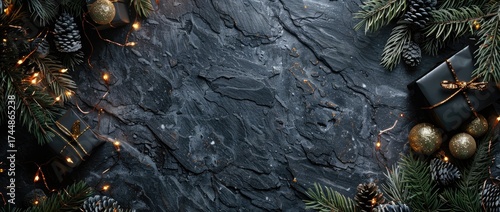 Panel kuchenny z motywem Christmas and New Year background with black stone texture, garland lights, gift boxes and pine branches border frame on dark slate table