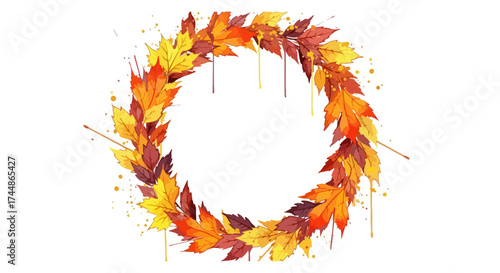 Artistic watercolor fall foliage wreath creating a beautiful open space, perfect as a vibrant autumn background element for seasonal designs and greetings