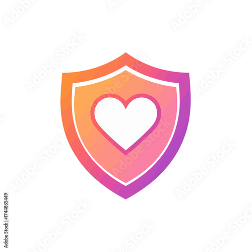 A vibrant shield icon featuring a heart, symbolizing protection and love, with a gradient color scheme.