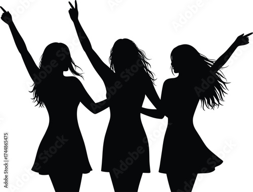 Silhouette of three women celebrating together, friendship and happiness concept, girls with raised hands enjoying life, unity and joy vector illustration design