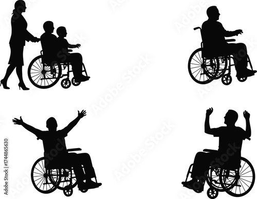 Silhouette of people in wheelchairs with caregiver support, disability inclusion concept, healthcare rehabilitation and mobility aid illustration isolated on white background design