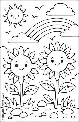 Smiling Sunflowers Coloring Page with Rainbow and Happy Sun – Line Art for Kids