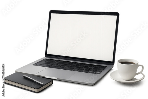 Modern open laptop with blank white screen and coffee mug on desk for workspace, freelance, and remote work concepts