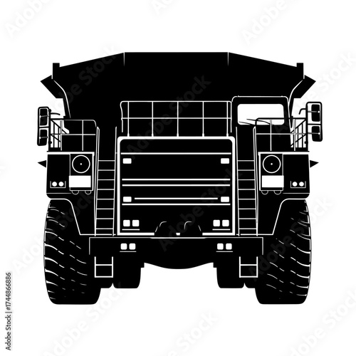 Silhouette of a large mining dump truck viewed from the rear.