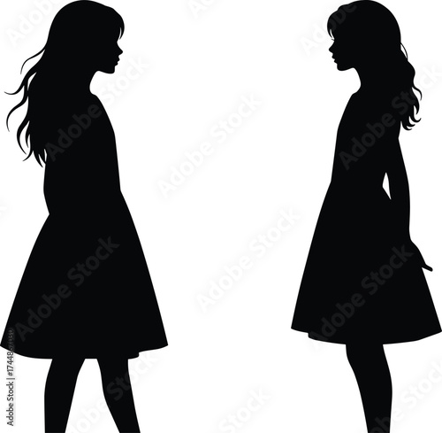 Silhouette of two young girls standing face to face, elegant female child profile, vector illustration of friendship, childhood innocence, isolated on white background