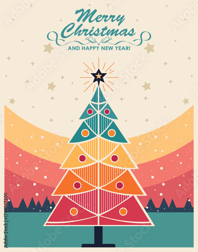 Retro Christmas card with Christmas tree design.