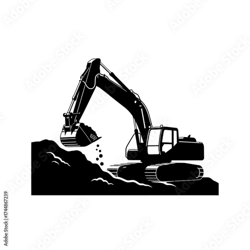 Heavy Excavator Digging Earth Mover Silhouette.