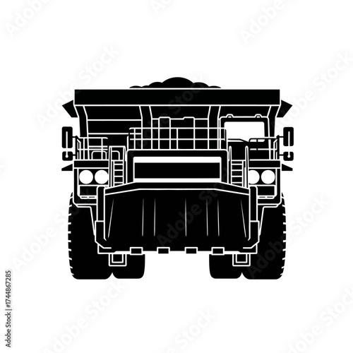 Heavy-duty mining dump truck silhouette, front view, industrial vehicle.