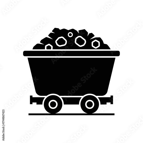 Mining cart full of coal on tracks, industrial silhouette icon.