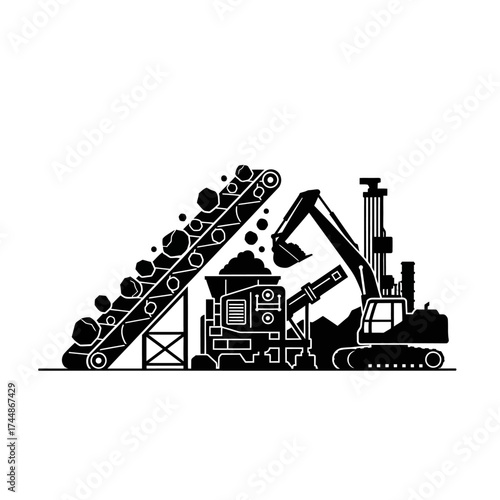 Mining and Quarrying Operations with Heavy Machinery Silhouette.