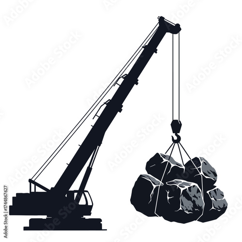 Silhouette of a crane lifting heavy rocks in a construction or industrial setting.