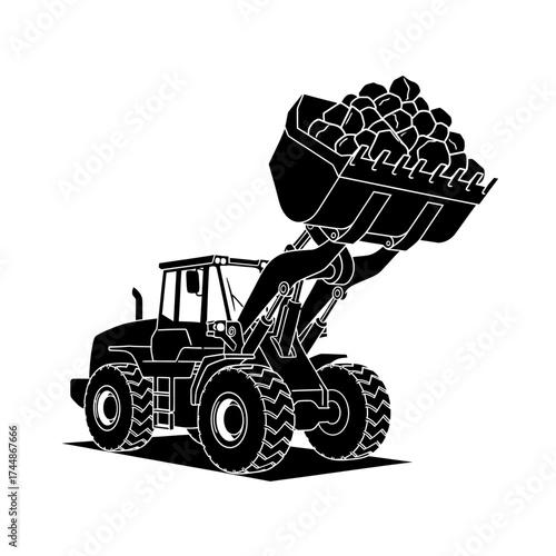 Silhouette of a heavy front loader construction vehicle.